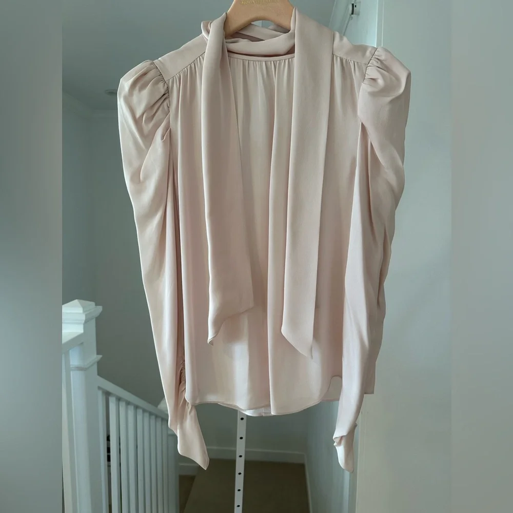 NEW Joie Tie Bow Long Puffed Sleeve Silk Blouse Medium $278 Retail - Picture 8 of 11